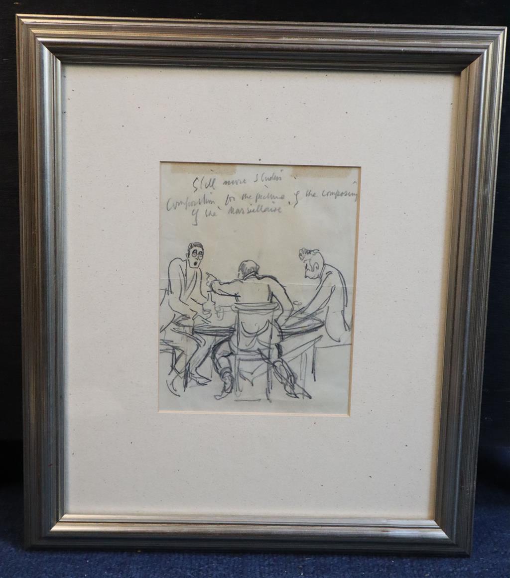 Sir Alfred Munnings (1878-1959) Three men around a table, inscribed Still more studies, confirmation for the picture of the composing